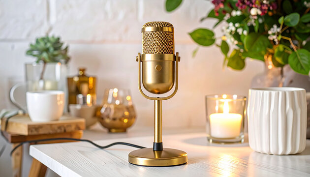 Elegant gold microphone on a white table with candles and decorative floral arrangements - Powered by Adobe