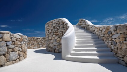White stucco staircase curves upward, nestled within sun-drenched, dry-stacked stone walls against a vibrant blue sky.  Shadows accentuate the smooth curves and textures