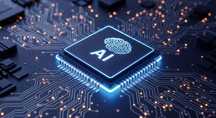 Advanced AI processor with glowing brain symbol on futuristic circuit board, representing innovation and technology