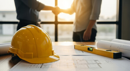 Architects shaking hands over construction plans with yellow hard hat and level on desk