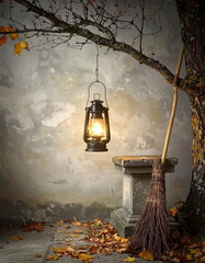 A tranquil autumn evening with lantern light illuminating fallen leaves and a rustic broom with soft