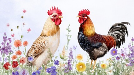 Fototapeta premium Rustic watercolor artwork of rooster and owl in a wildflower field under soft morning light