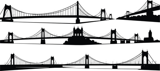 Obraz premium Silhouette collection of suspension bridges, black vector illustrations, architectural engineering structures, river crossings, urban landmarks, transportation icons, cityscape elements