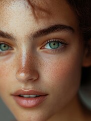 Fototapeta premium A striking portrait of a young model emphasizing her freckles and vibrant green eyes. Perfect for beauty, fashion, and skincare concepts in photography.