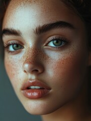 This image features a stunning close-up of a model highlighting her green eyes and freckles, capturing the essence of beauty, youth, and natural allure.