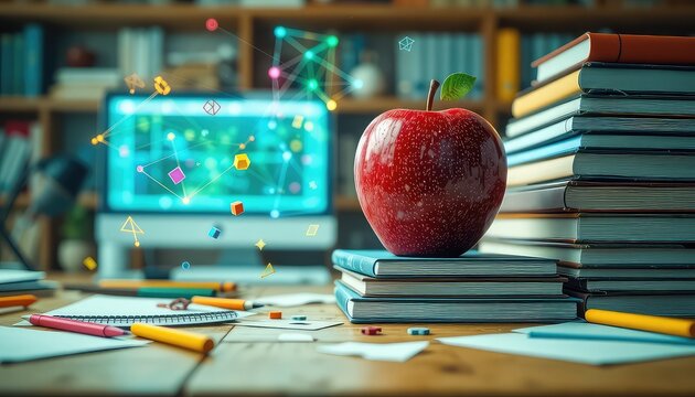 A digital educational workspace featuring a red apple resting on stacked books near a computer displaying colorful geometric shapes
