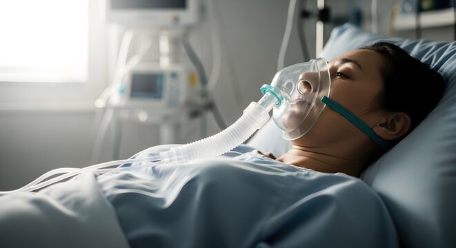 A woman lies in a hospital bed wearing an oxygen mask, connected to medical equipment in a dimly lit room - Powered by Adobe