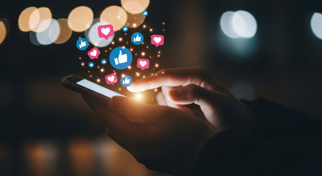 Captivating hand scrolling social media on phone with vibrant likes and hearts at night bokeh background