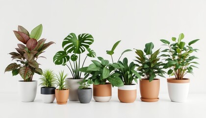 Obraz premium Collection of diverse potted houseplants arranged in a row against a clean and bright background