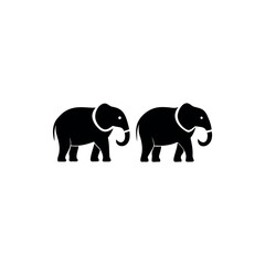 Black and white illustration of two stylized elephants facing right on white Silhouette Vector