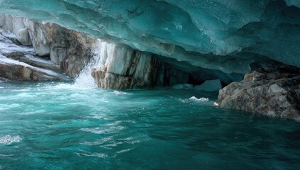 Naklejka premium Glacial meltwater rushes beneath a luminous, turquoise ice cave, cascading over rocks into a churning pool