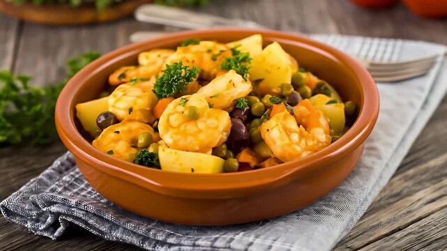 A delicious dish of shrimp, potatoes, and vegetables served in a rustic terracotta bowl.