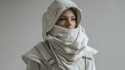This striking image showcases a model dressed in elegant white winter attire, evoking a sense of tranquility and calmness amid a minimalistic background.