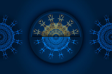 Symmetrical circular mandala design with ornate golden crown motif and star shaped extensions flanked by blue fractal snowflake patterns mystical artwork on dark blue background