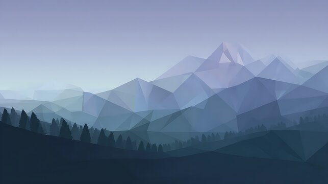 A low-poly landscape showcases a serene mountain range, enveloped in a soft, muted color palette of blues and grays.