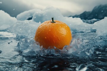 A striking image of a fresh orange resting on ice cubes, merging vibrant color and cool textures, evoking a refreshing feeling and symbolizing the contrast of warm and cold.