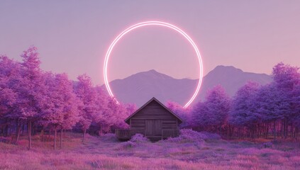 A rustic wooden cabin sits serenely in a surreal, lavender-hued forest, bathed in the soft glow of a large, luminous pink ring hovering above, framed by distant mountains under a pale sky