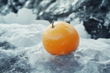 A vivid orange fruit placed on a bed of glistening ice, showcasing a striking contrast between warmth and cold, nature's unique beauty captured in a single frame.