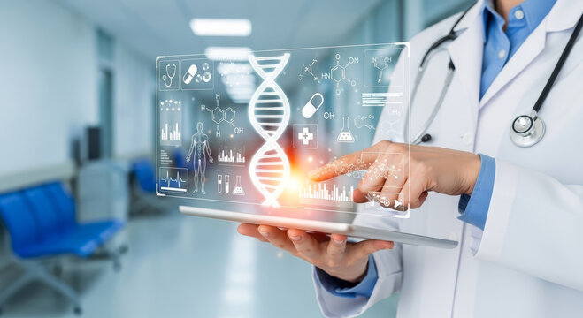 Doctor analyzing DNA helix and medical data on futuristic holographic interface with tablet