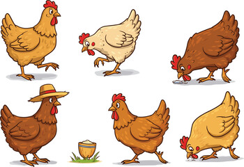 Cartoon chickens in playful poses, farm animals eating, straw hat hen, animated poultry, feeding behavior, colorful illustration, fun design