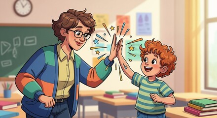 Enthusiastic teacher and student high-five in a bright classroom, celebrating learning and achievement with colorful sparks.