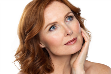 Portrait of a beautiful mature woman with red hair isolated on transparent background, showcasing her natural beauty and healthy skin with a touch of elegance and grace