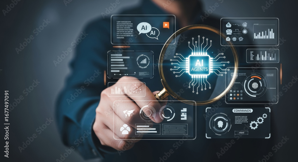 Poster explore advanced ai technology and data analysis with futuristic interactive interfaces