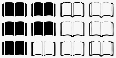 Set of stylized open and closed books in black and white outline and silhouette designs