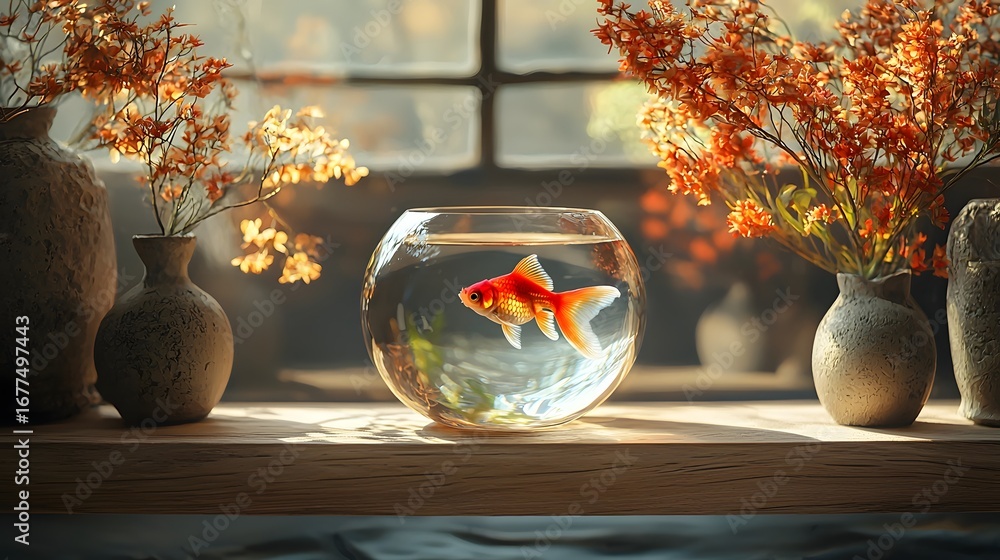 Poster goldfish in a minimalist autumn setting on a wooden shelf by a window