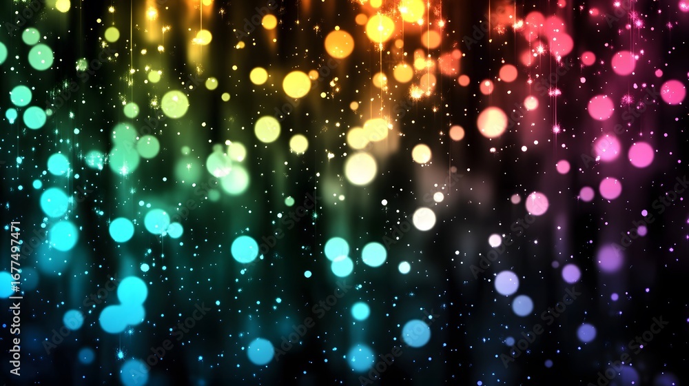 Aufkleber a vibrant display of colorful bokeh circles and sparkling lights against a dark background.