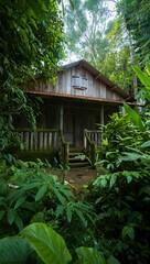 Abandoned forest cabin mysterious overgrown nature lush green vegetation serene wilderness hideaway