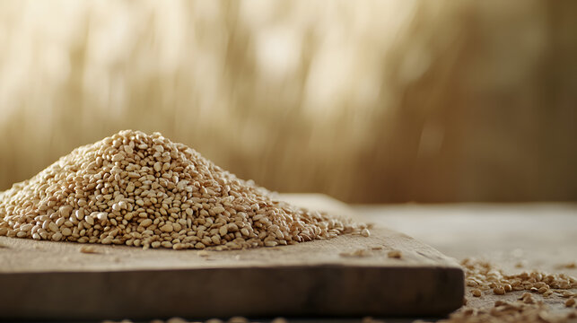 Spelt grains piled up on arustic wooden cutting boar, with a soft focus backgrund emphasizing their beig, earthy tones.