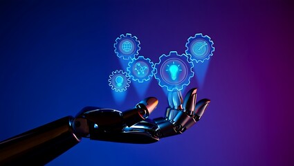 Robotic hand holding glowing blue gears and light bulbs symbolizing innovation and artificial intelligence