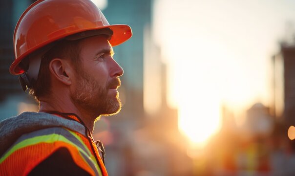 A construction worker wearing an orange helmet and safety vest looks toward the sunrise on a city building site.