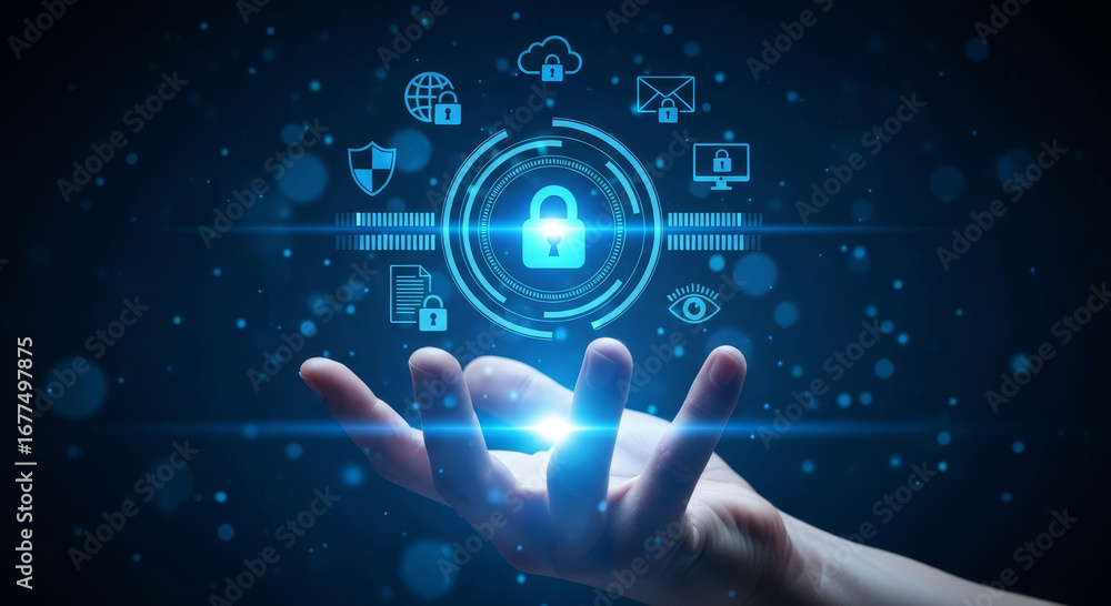Poster hand holding secure digital data with padlock, cloud, and internet security icons displayed