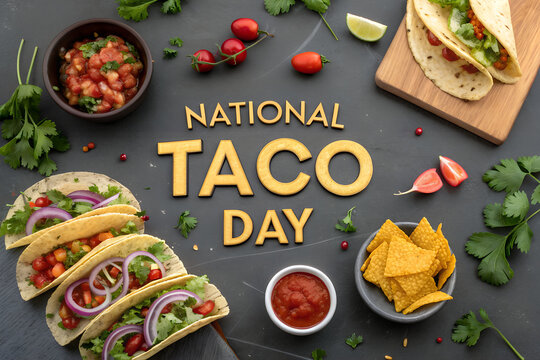 National Taco Day Feast with Tacos, Salsa, Nachos, and Fresh Toppings on a Dark Background, Top View generative ai