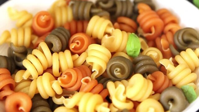Pasta trottole tricolor pasta spiral dish twisted Italian food tasty snack fresh delicious gourmet food background on the table rustic top view copy space  vegan and vegan food