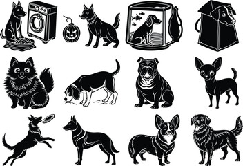 Collection of twelve different dog breeds in various situations in black and white on white background