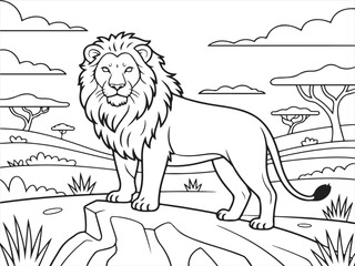 Majestic lion standing on a rock in the African savannah, with wide open landscapes and acacia trees in the background. A stunning wildlife scene showcasing the king of the jungle.