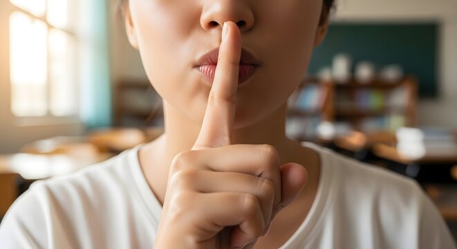A closeup of a persons face, with a finger pressed to their lips, signaling for silence or secrecy in a classroom setting