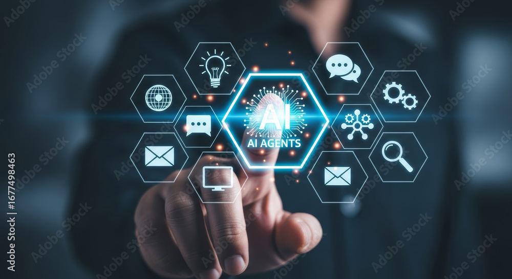 Poster modern ai agents concept with futuristic interface and digital touch, showcasing innovation