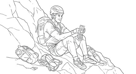 Illustration of a smiling rock climber taking a break on a mountain ledge, a moment of rest during an adventurous journey