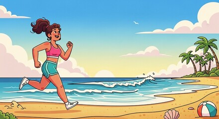 Fit woman jogging on a sunny beach with palm trees and waves, embodying healthy lifestyle and fitness.