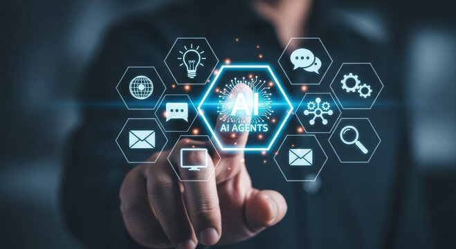 Modern AI Agents concept with futuristic interface and digital touch, showcasing innovation - Powered by Adobe