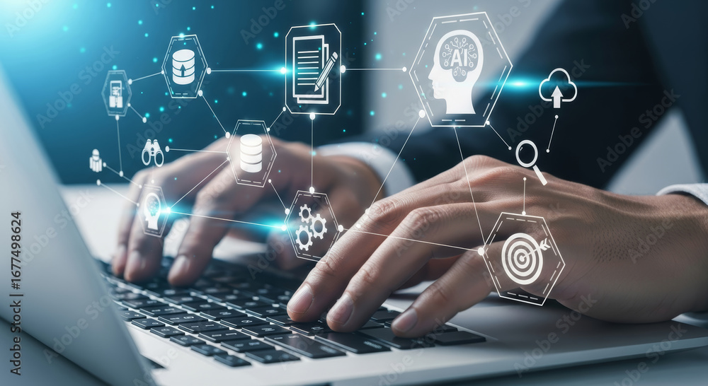Poster modern businessman using laptop with ai and data visualization, smart technology concept