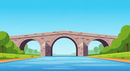 Picturesque stone arch bridge spanning a calm blue river with lush green trees and a clear sky.