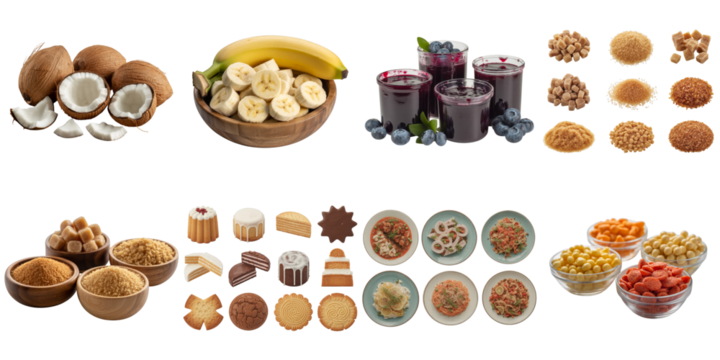 Coconuts bananas blueberries sugar cookies pasta isolated on a transparent background image