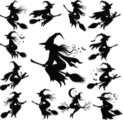 Silhouettes of witches flying on broomsticks, Halloween spooky magic, fantasy characters, witches with hats, mystical night, moon, stars, bats, black cats
