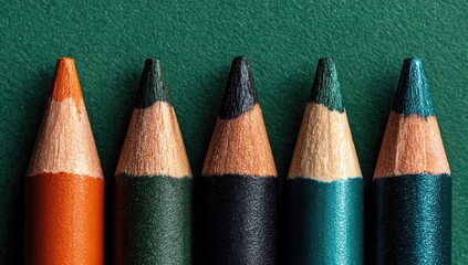 Five sharpened colored pencils arranged against a deep teal background, showcasing varying shades of green, orange, and black