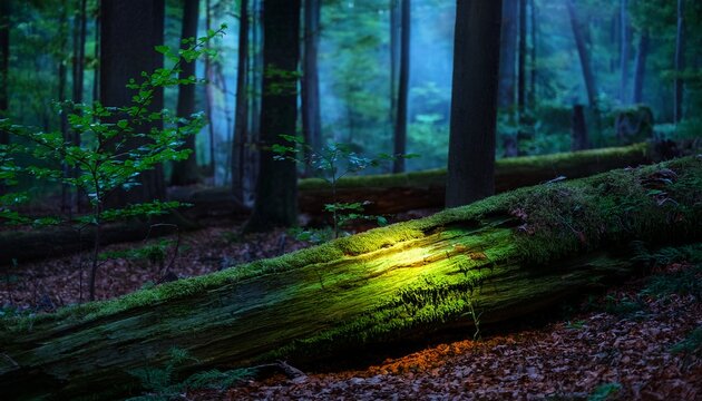 glowing foxfire effect dense appalachian forest faint green fungal light illuminating decaying logs atmospheric night forest scene with soft depth